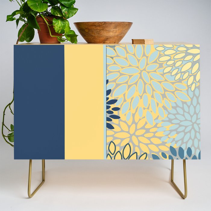Modern, Color Block, Floral Prints, Blue and Yellow Credenza Gallery Image 1