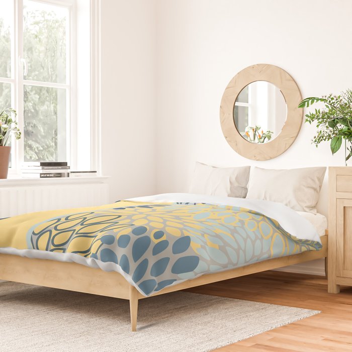 Modern, Color Block, Floral Prints, Blue and Yellow Duvet Cover Gallery Image 2