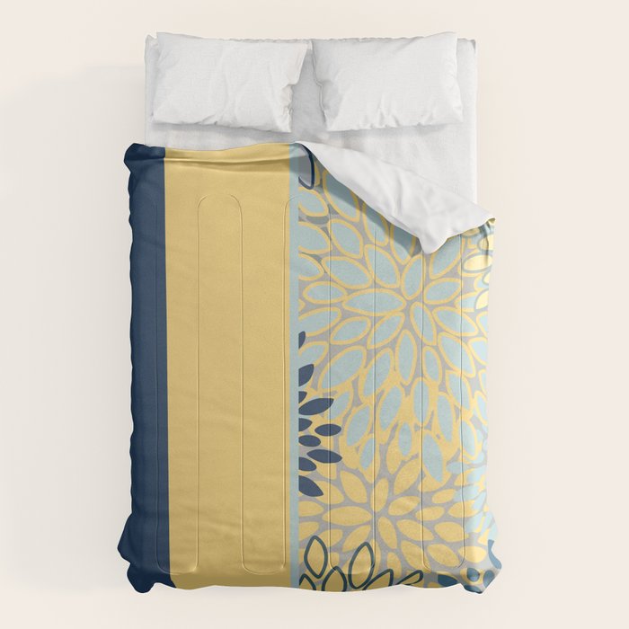 Modern, Color Block, Floral Prints, Blue and Yellow Comforter Gallery Image 1