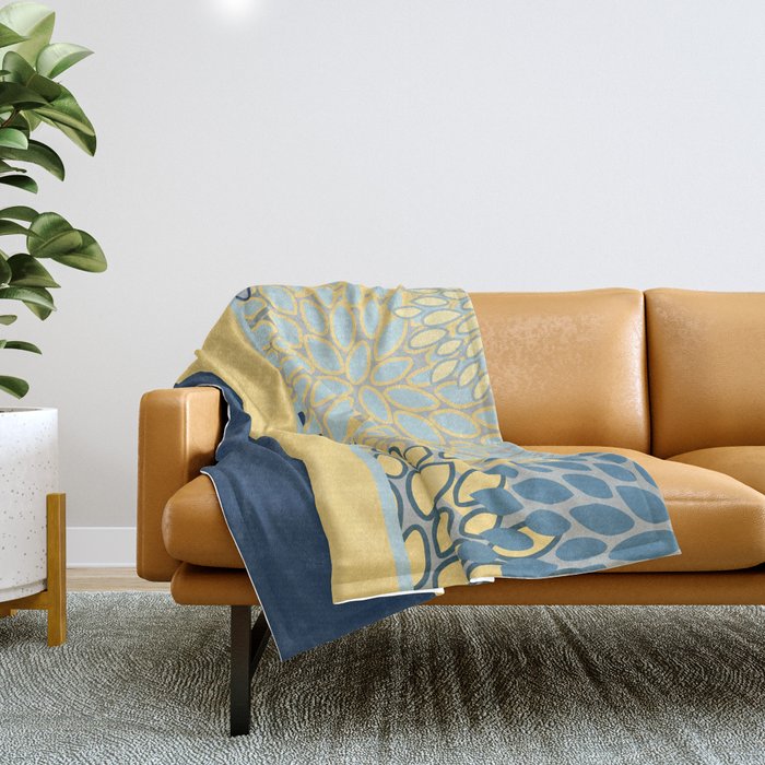 Modern, Color Block, Floral Prints, Blue and Yellow Throw Blanket Gallery Image 1
