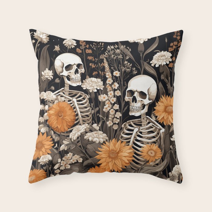 Bones and Blooms Skeleton Art Throw Pillow Gallery Image 1