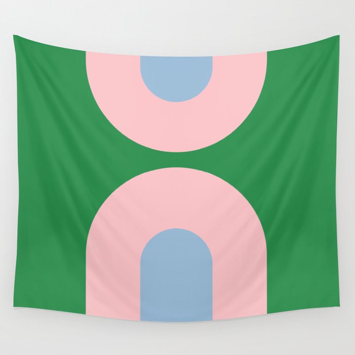 Bold Minimal Double Arch Pattern in Green, Pink, and Pastel Blue Wall Tapestry Gallery Image 4