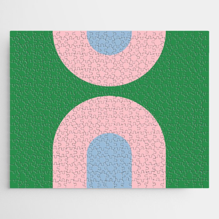 Bold Minimal Double Arch Pattern in Green, Pink, and Pastel Blue Jigsaw Puzzle Gallery Image 1