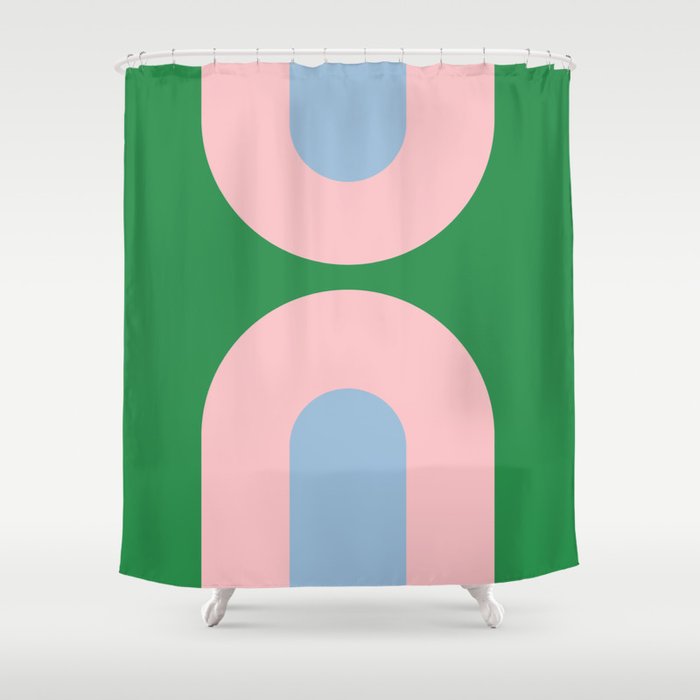 Bold Minimal Double Arch Pattern in Green, Pink, and Pastel Blue Shower Curtain Gallery Image 1