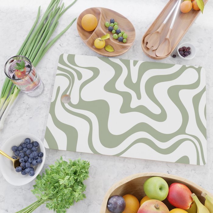 Liquid Swirl Retro Abstract Pattern in White and Sage Cutting Board Gallery Image 2