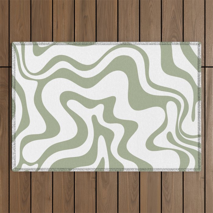 Liquid Swirl Retro Abstract Pattern in White and Sage Outdoor Rug Gallery Image 1