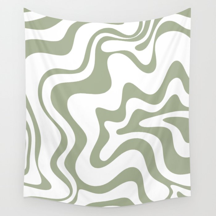 Liquid Swirl Retro Abstract Pattern in White and Sage Wall Tapestry Gallery Image 4