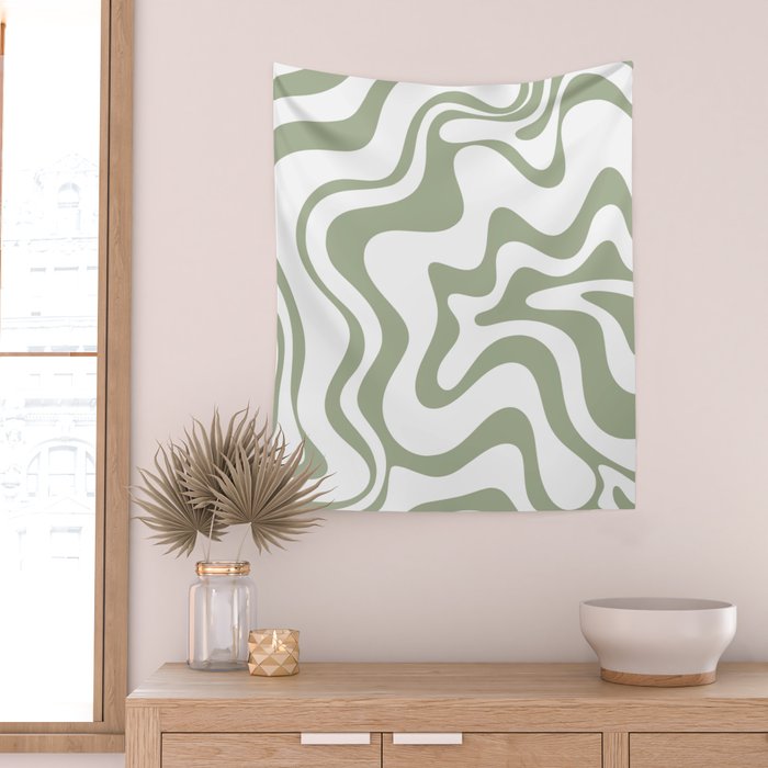 Liquid Swirl Retro Abstract Pattern in White and Sage Wall Tapestry Gallery Image 2