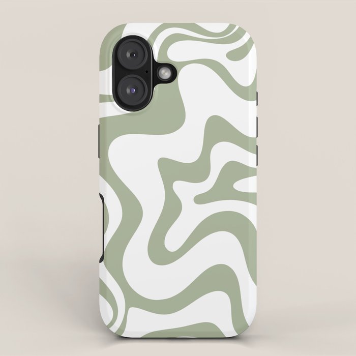 Liquid Swirl Retro Abstract Pattern in White and Sage iPhone Case Gallery Image 1