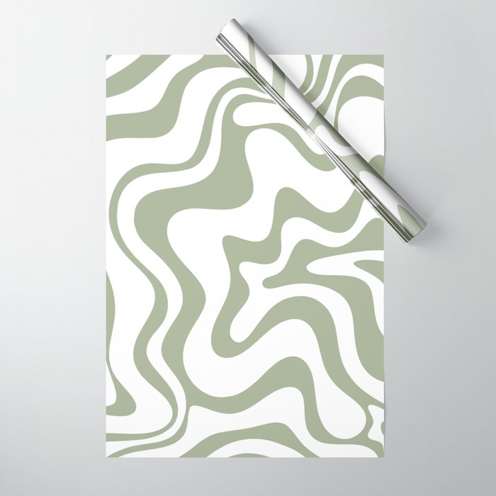 Liquid Swirl Retro Abstract Pattern in White and Sage Wrapping Paper Gallery Image 1