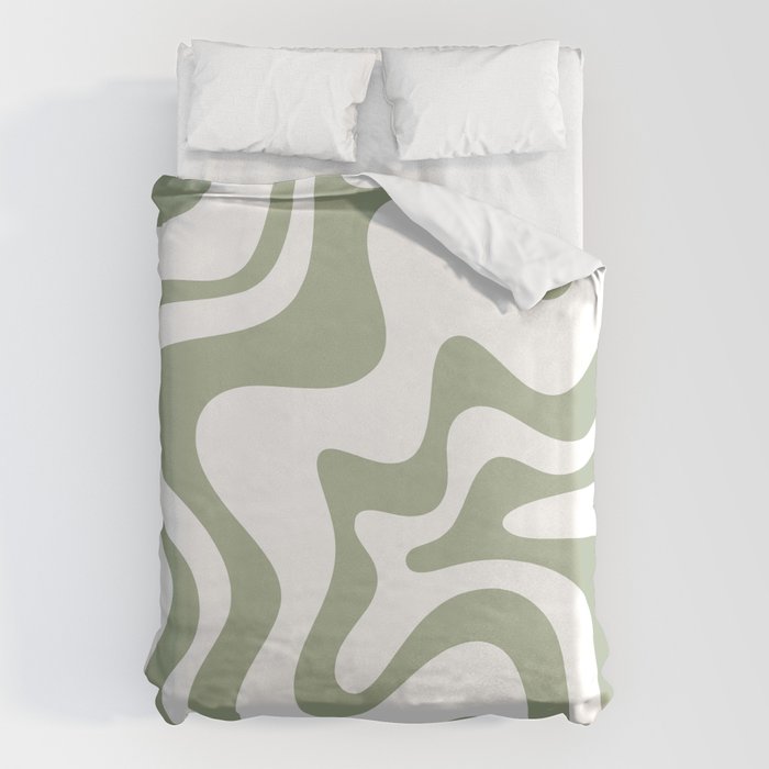Liquid Swirl Retro Abstract Pattern in White and Sage Duvet Cover Gallery Image 1