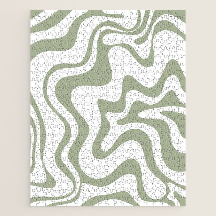 Liquid Swirl Retro Abstract Pattern in White and Sage Jigsaw Puzzle Gallery Image 1