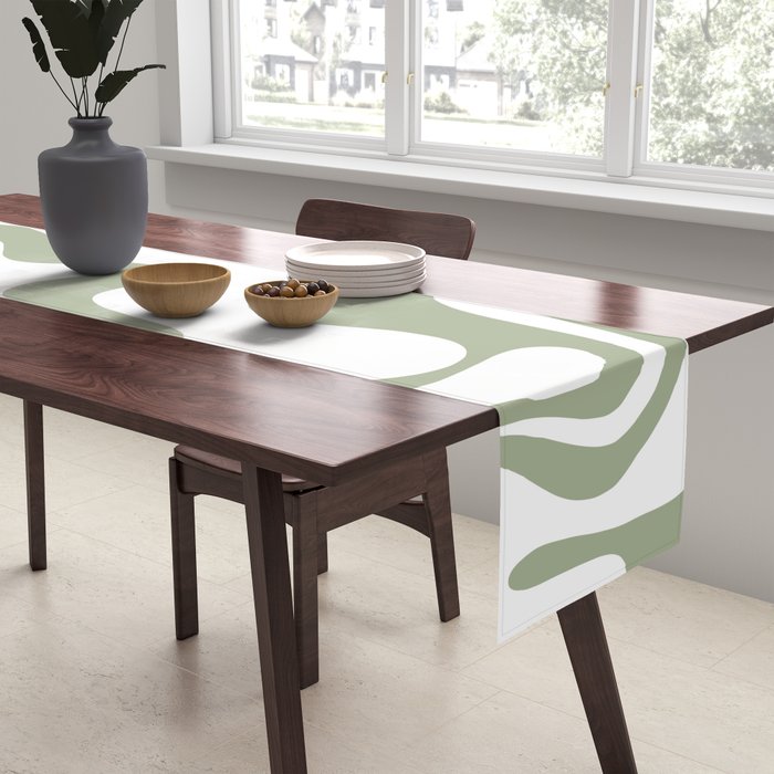 Liquid Swirl Retro Abstract Pattern in White and Sage Table Runner Gallery Image 2