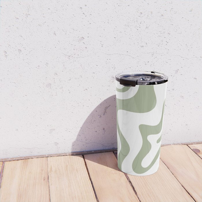 Liquid Swirl Retro Abstract Pattern in White and Sage Travel Mug Gallery Image 4