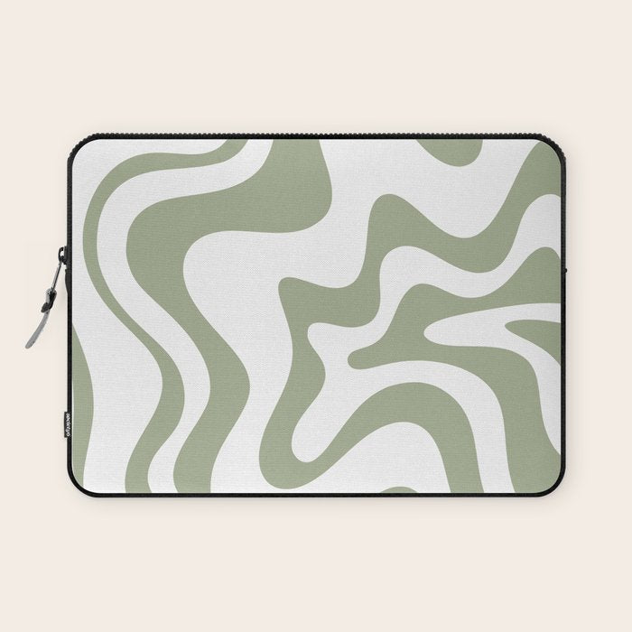 Liquid Swirl Retro Abstract Pattern in White and Sage Laptop Sleeve Gallery Image 1