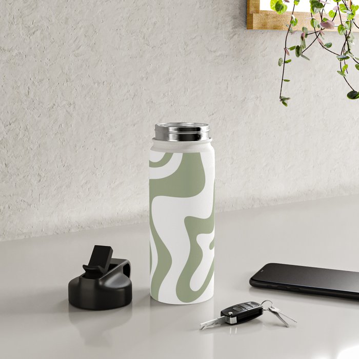 Liquid Swirl Retro Abstract Pattern in White and Sage Water Bottle Gallery Image 4