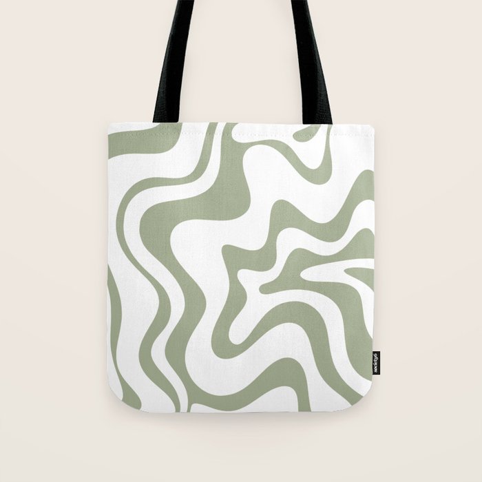 Liquid Swirl Retro Abstract Pattern in White and Sage Tote Bag Gallery Image 1