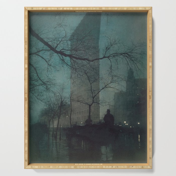 The Flatiron building New York twilight blue dreamscape photograph by Edward Steichen Serving Tray Gallery Image 1