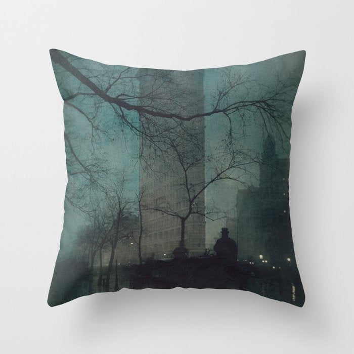 The Flatiron building New York twilight blue dreamscape photograph by Edward Steichen Throw Pillow Gallery Image 1