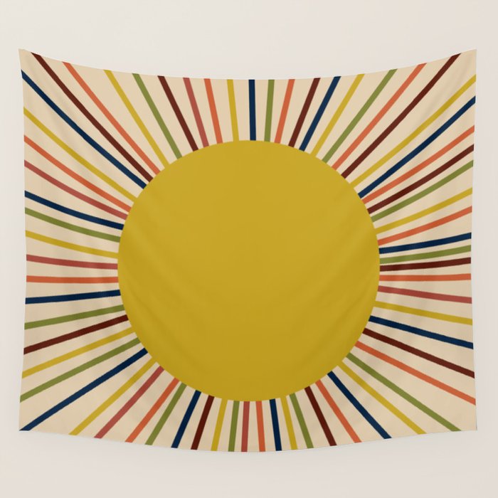 Mid-Century Modern Sunburst - Minimalist Abstract Sun in Mid Mod Mustard, Orange, Olive, Blue, and Beige Wall Tapestry Gallery Image 1
