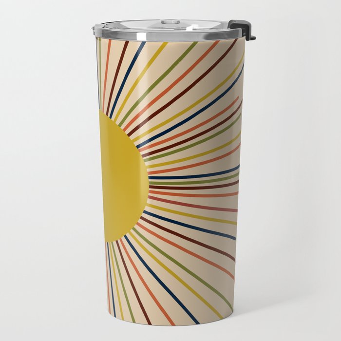 Mid-Century Modern Sunburst - Minimalist Abstract Sun in Mid Mod Mustard, Orange, Olive, Blue, and Beige Travel Mug Gallery Image 2