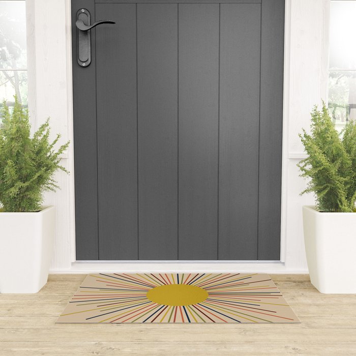 Mid-Century Modern Sunburst - Minimalist Abstract Sun in Mid Mod Mustard, Orange, Olive, Blue, and Beige Welcome Mat Gallery Image 3