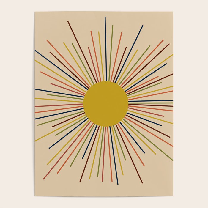 Mid-Century Modern Sunburst - Minimalist Abstract Sun in Mid Mod Mustard, Orange, Olive, Blue, and Beige Poster Gallery Image 1