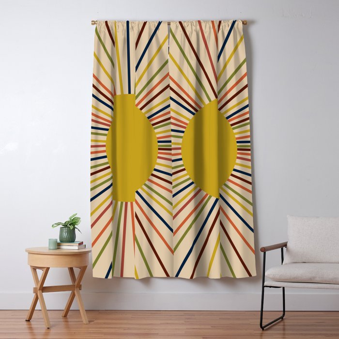 Mid-Century Modern Sunburst - Minimalist Abstract Sun in Mid Mod Mustard, Orange, Olive, Blue, and Beige Window Curtain Gallery Image 5