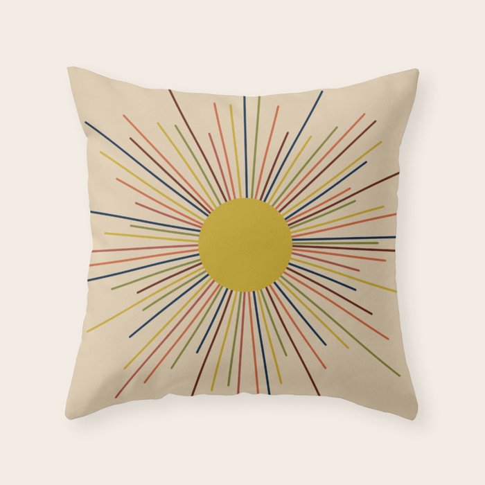 Mid-Century Modern Sunburst - Minimalist Abstract Sun in Mid Mod Mustard, Orange, Olive, Blue, and Beige Throw Pillow Gallery Image 6