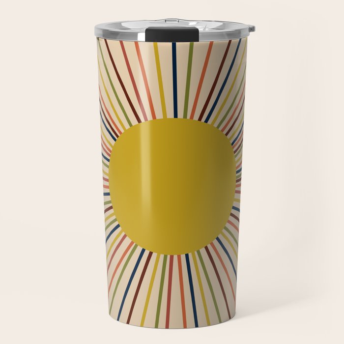 Mid-Century Modern Sunburst - Minimalist Abstract Sun in Mid Mod Mustard, Orange, Olive, Blue, and Beige Travel Mug Gallery Image 1