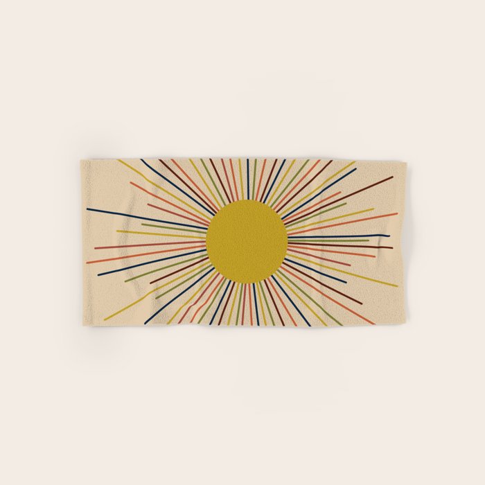 Mid-Century Modern Sunburst - Minimalist Abstract Sun in Mid Mod Mustard, Orange, Olive, Blue, and Beige Bath Towel Gallery Image 1