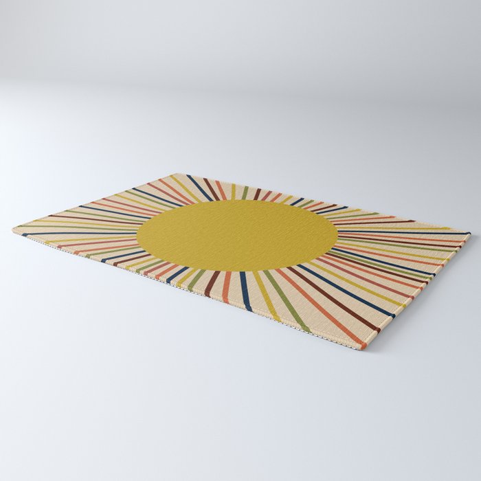 Mid-Century Modern Sunburst - Minimalist Abstract Sun in Mid Mod Mustard, Orange, Olive, Blue, and Beige Rug Gallery Image 3