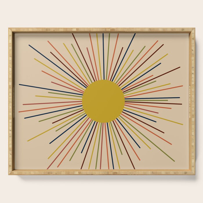 Mid-Century Modern Sunburst - Minimalist Abstract Sun in Mid Mod Mustard, Orange, Olive, Blue, and Beige Serving Tray Gallery Image 1