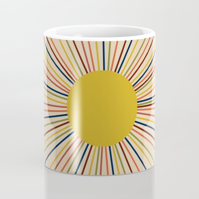 Mid-Century Modern Sunburst - Minimalist Abstract Sun in Mid Mod Mustard, Orange, Olive, Blue, and Beige Coffee Mug Gallery Image 4
