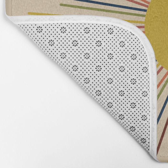 Mid-Century Modern Sunburst - Minimalist Abstract Sun in Mid Mod Mustard, Orange, Olive, Blue, and Beige Bath Mat Gallery Image 2