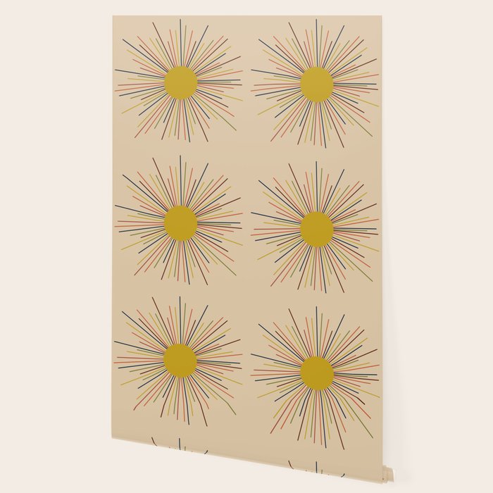 Mid-Century Modern Sunburst - Minimalist Abstract Sun in Mid Mod Mustard, Orange, Olive, Blue, and Beige Wallpaper Gallery Image 2