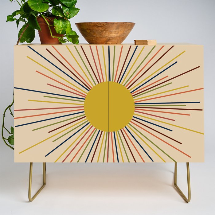 Mid-Century Modern Sunburst - Minimalist Abstract Sun in Mid Mod Mustard, Orange, Olive, Blue, and Beige Credenza Gallery Image 1