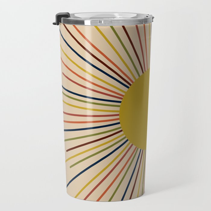 Mid-Century Modern Sunburst - Minimalist Abstract Sun in Mid Mod Mustard, Orange, Olive, Blue, and Beige Travel Mug Gallery Image 3