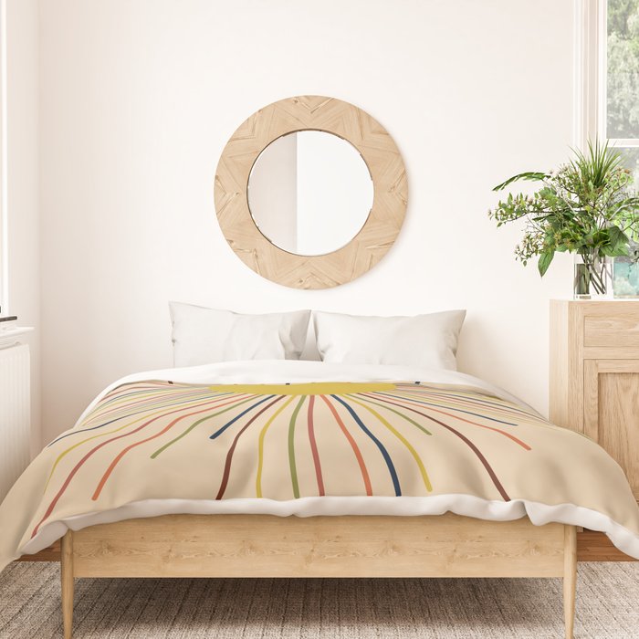 Mid-Century Modern Sunburst - Minimalist Abstract Sun in Mid Mod Mustard, Orange, Olive, Blue, and Beige Duvet Cover Gallery Image 3
