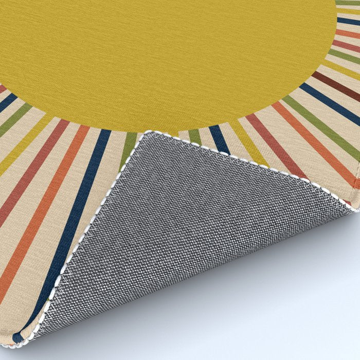Mid-Century Modern Sunburst - Minimalist Abstract Sun in Mid Mod Mustard, Orange, Olive, Blue, and Beige Rug Gallery Image 4
