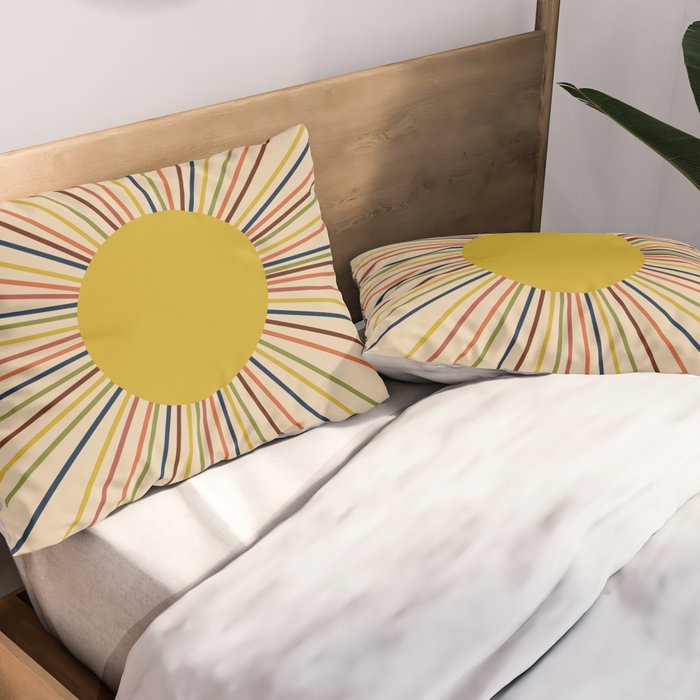 Mid-Century Modern Sunburst - Minimalist Abstract Sun in Mid Mod Mustard, Orange, Olive, Blue, and Beige Pillow Sham Gallery Image 2