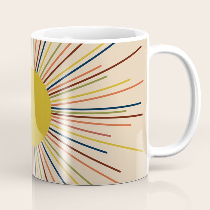 Mid-Century Modern Sunburst - Minimalist Abstract Sun in Mid Mod Mustard, Orange, Olive, Blue, and Beige Coffee Mug Gallery Image 1