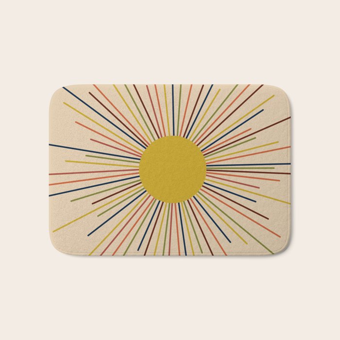 Mid-Century Modern Sunburst - Minimalist Abstract Sun in Mid Mod Mustard, Orange, Olive, Blue, and Beige Bath Mat Gallery Image 1