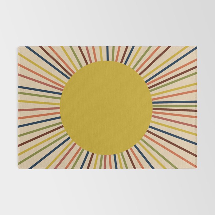 Mid-Century Modern Sunburst - Minimalist Abstract Sun in Mid Mod Mustard, Orange, Olive, Blue, and Beige Rug Gallery Image 2