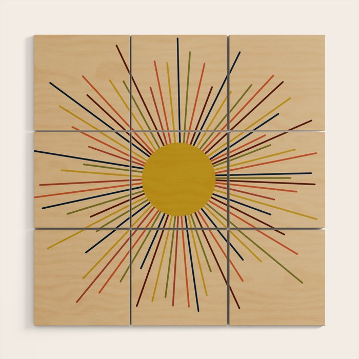 Mid-Century Modern Sunburst - Minimalist Abstract Sun in Mid Mod Mustard, Orange, Olive, Blue, and Beige Wood Wall Art Gallery Image 1