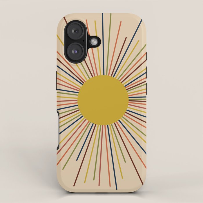 Mid-Century Modern Sunburst - Minimalist Abstract Sun in Mid Mod Mustard, Orange, Olive, Blue, and Beige iPhone Case Gallery Image 1