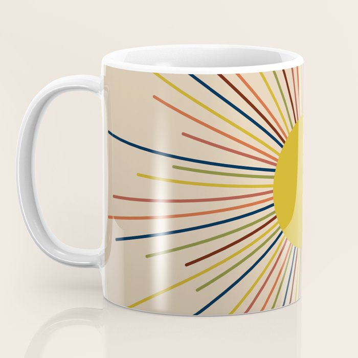 Mid-Century Modern Sunburst - Minimalist Abstract Sun in Mid Mod Mustard, Orange, Olive, Blue, and Beige Coffee Mug Gallery Image 3