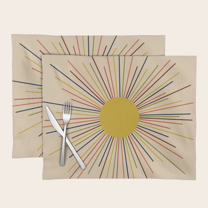 Mid-Century Modern Sunburst - Minimalist Abstract Sun in Mid Mod Mustard, Orange, Olive, Blue, and Beige Placemat Gallery Image 1