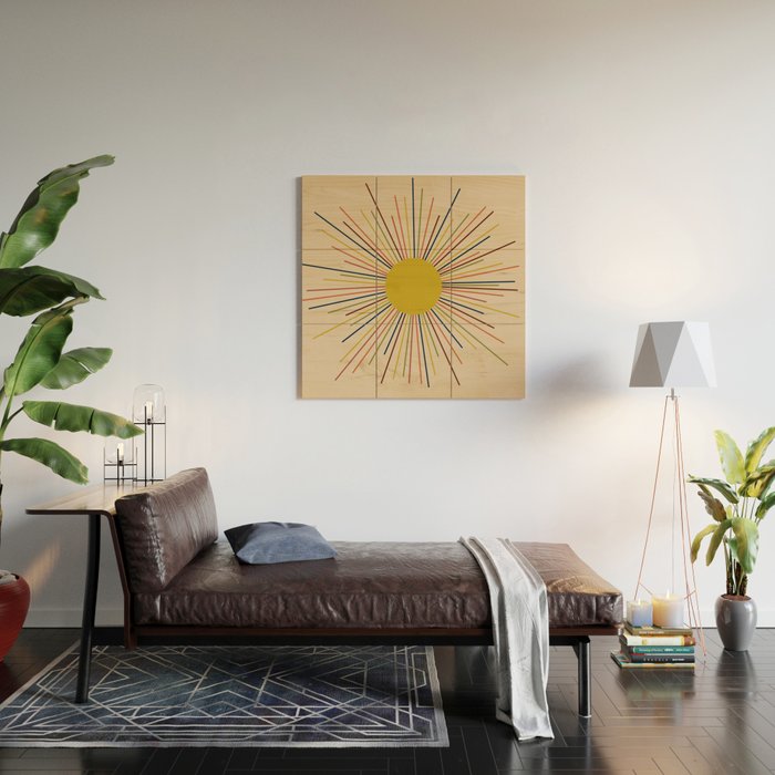 Mid-Century Modern Sunburst - Minimalist Abstract Sun in Mid Mod Mustard, Orange, Olive, Blue, and Beige Wood Wall Art Gallery Image 2