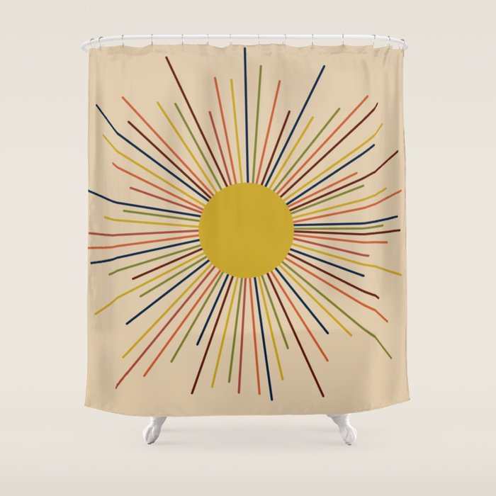 Mid-Century Modern Sunburst - Minimalist Abstract Sun in Mid Mod Mustard, Orange, Olive, Blue, and Beige Shower Curtain Gallery Image 1